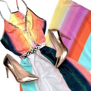 Presley Skye Color Block Silk Crepe de Chine Maxi Dress Rainbow Stripe Belt XS